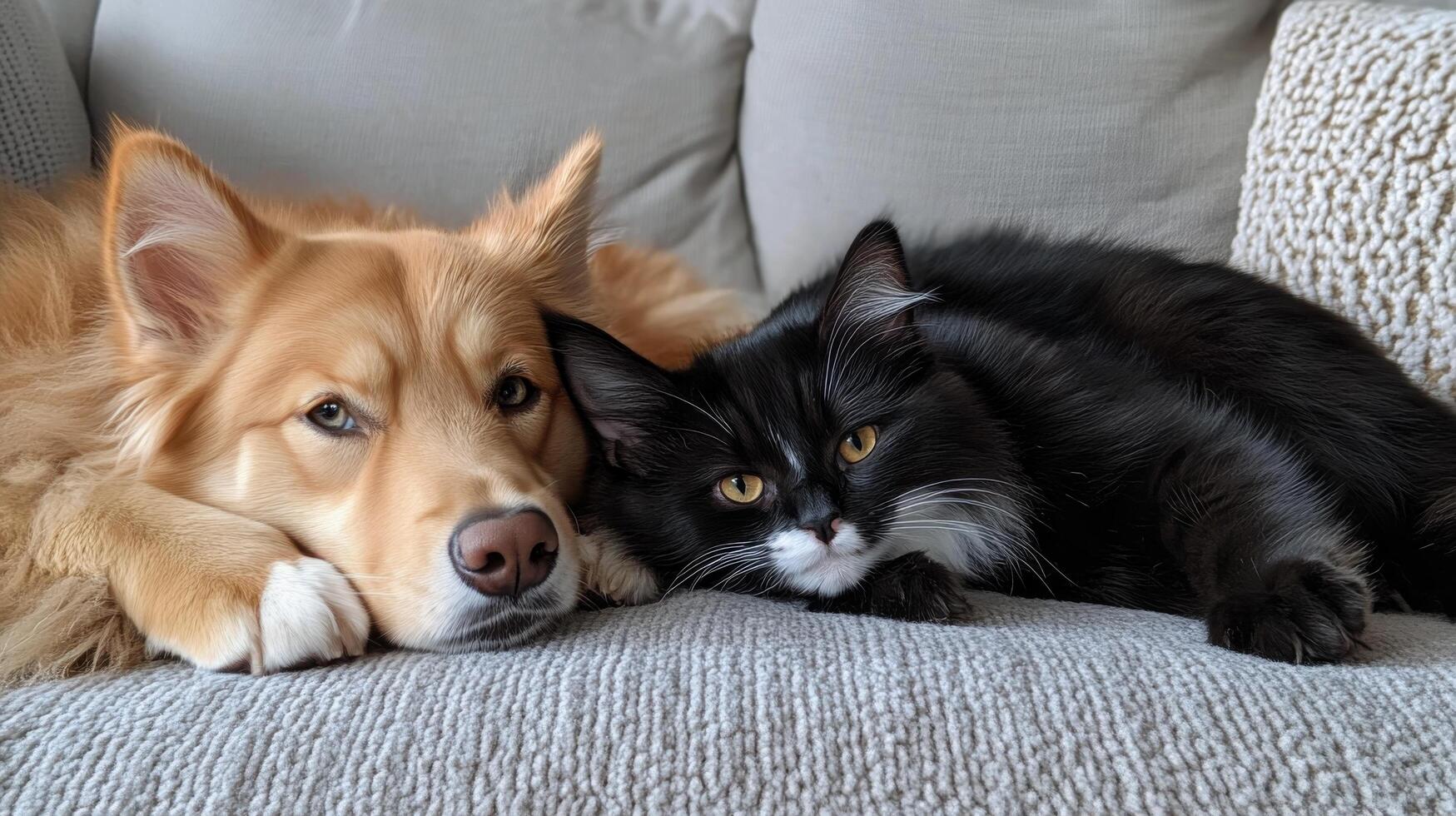 A dog and cat laying on a couch photo