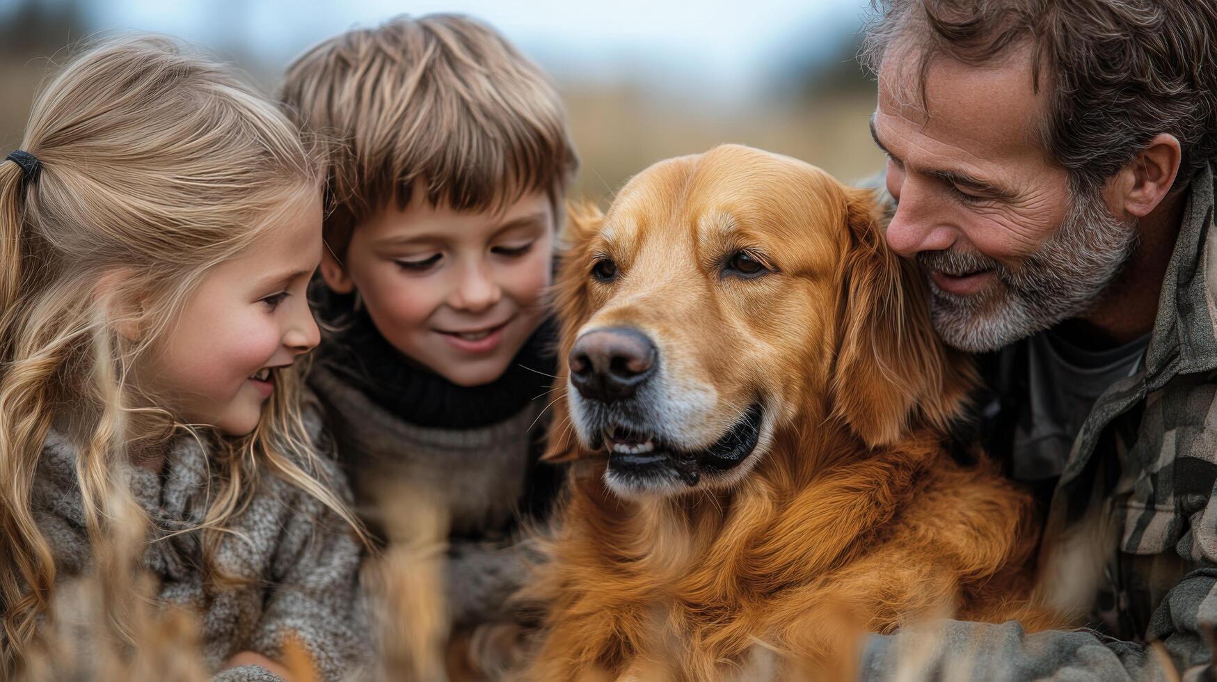 A man and two children are laying in a field with a dog photo