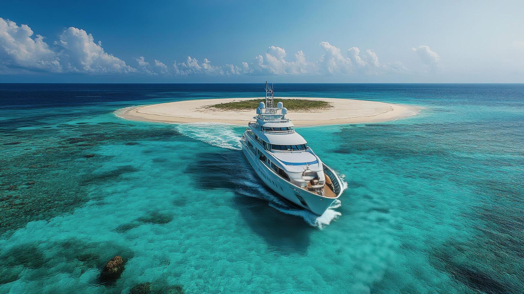 A yacht is sailing in the ocean near an island photo