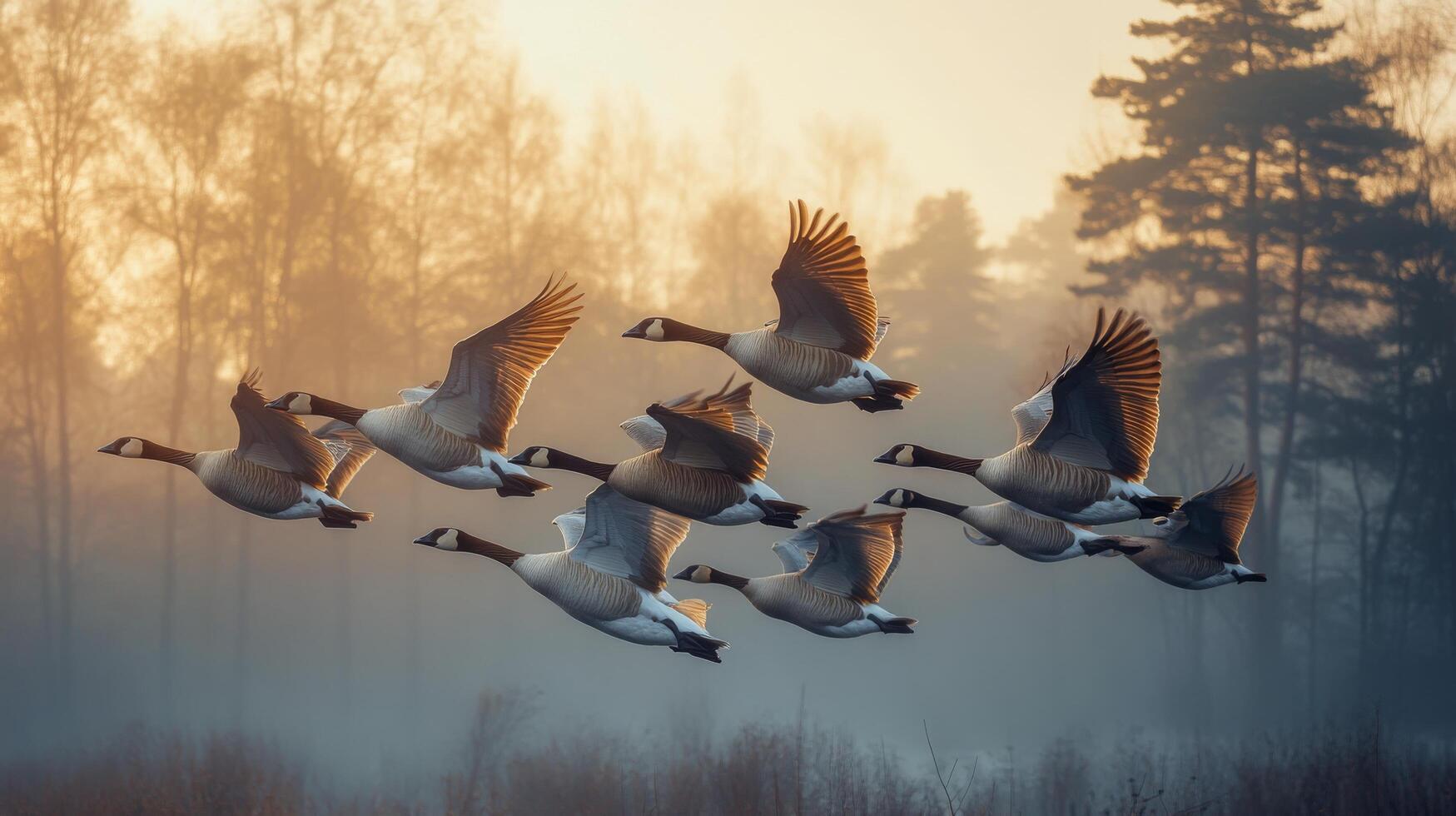 A flock of geese flying over a foggy field photo