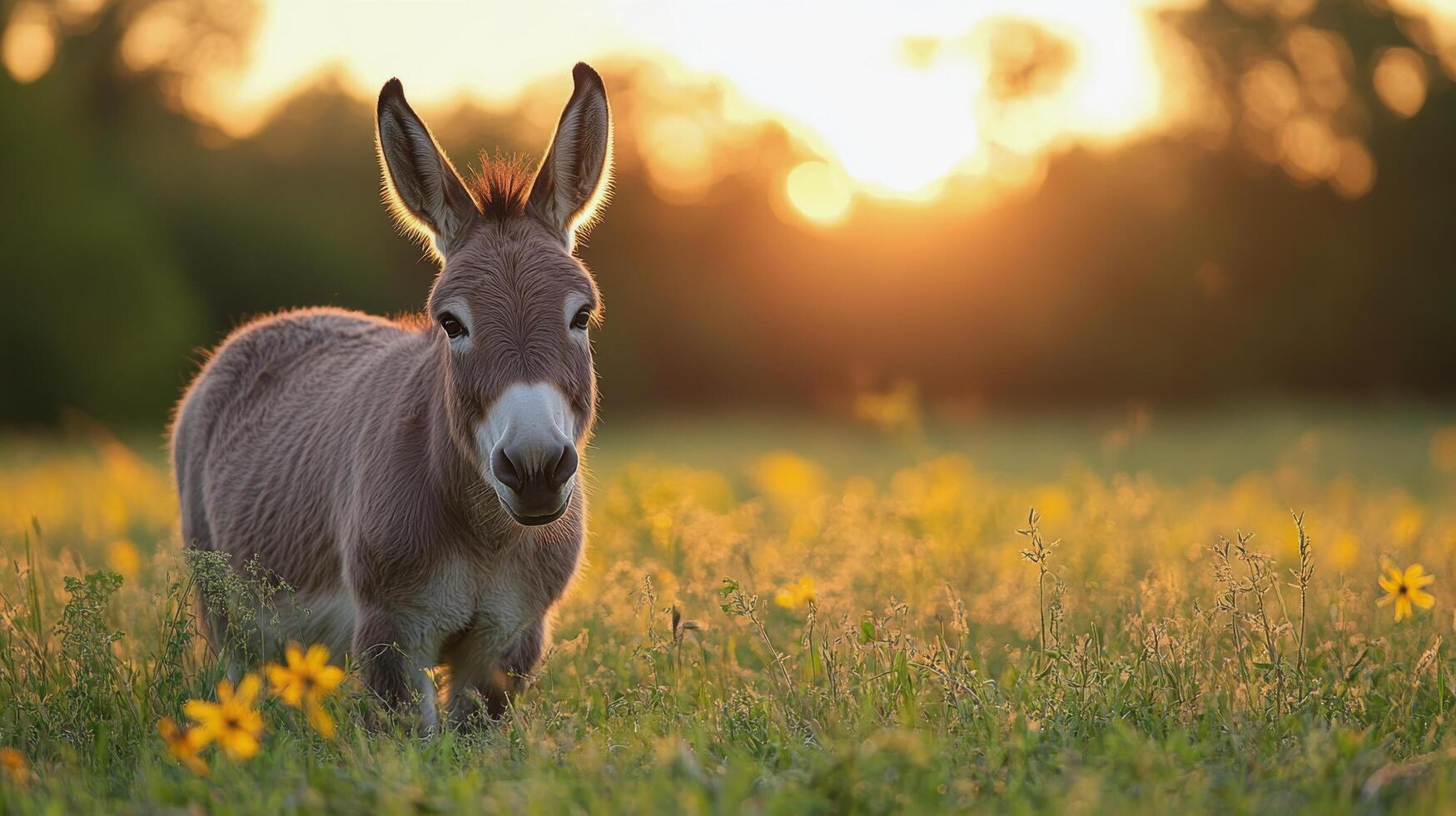 A donkey is standing in a field with sun setting behind it photo