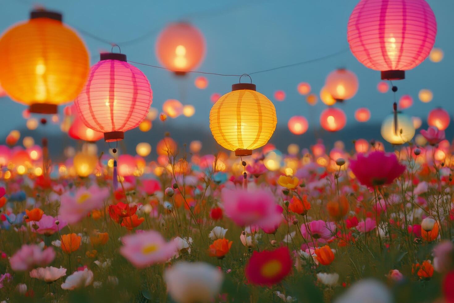Many colorful paper lanterns are hanging in the air photo