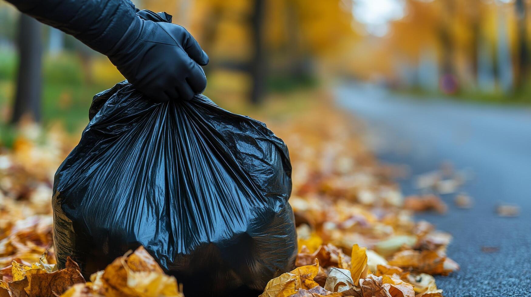 A person in gloves picking up a black garbage bag photo