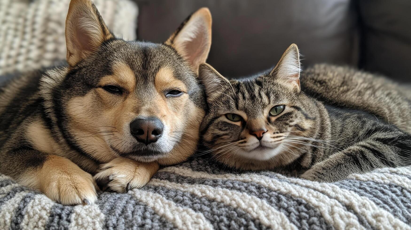 A dog and cat laying on a couch photo