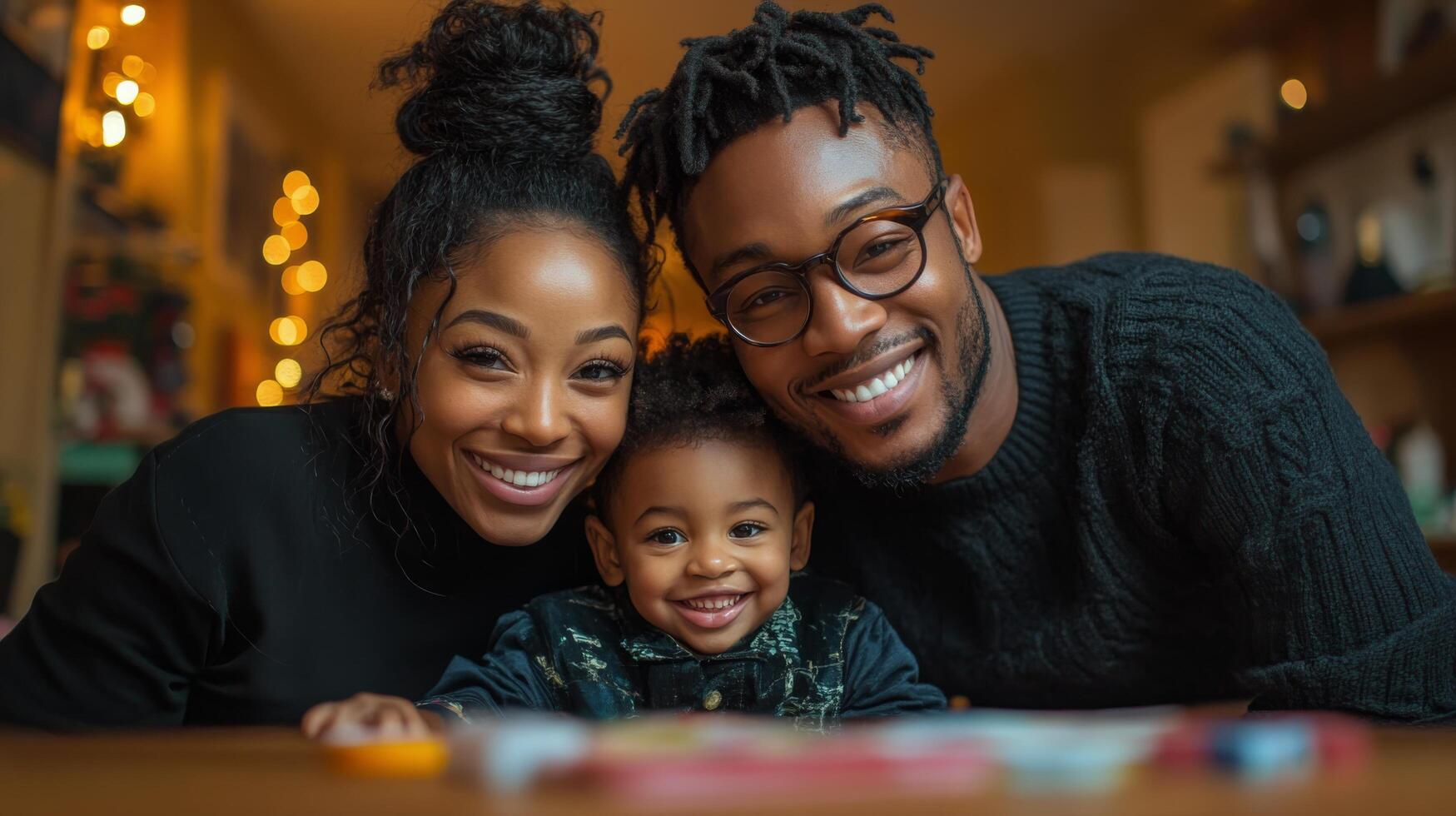 A black couple and their child are smiling at the camera photo