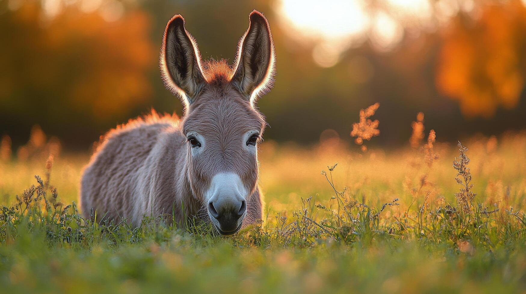 A donkey is laying in the grass at sunset photo