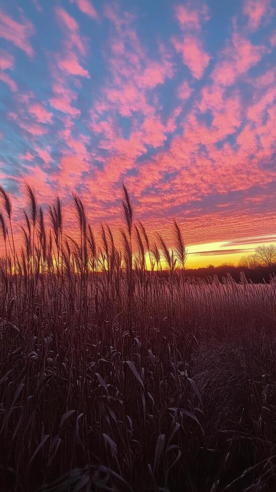 A field of tall grass at sunset with a colorful sky photo