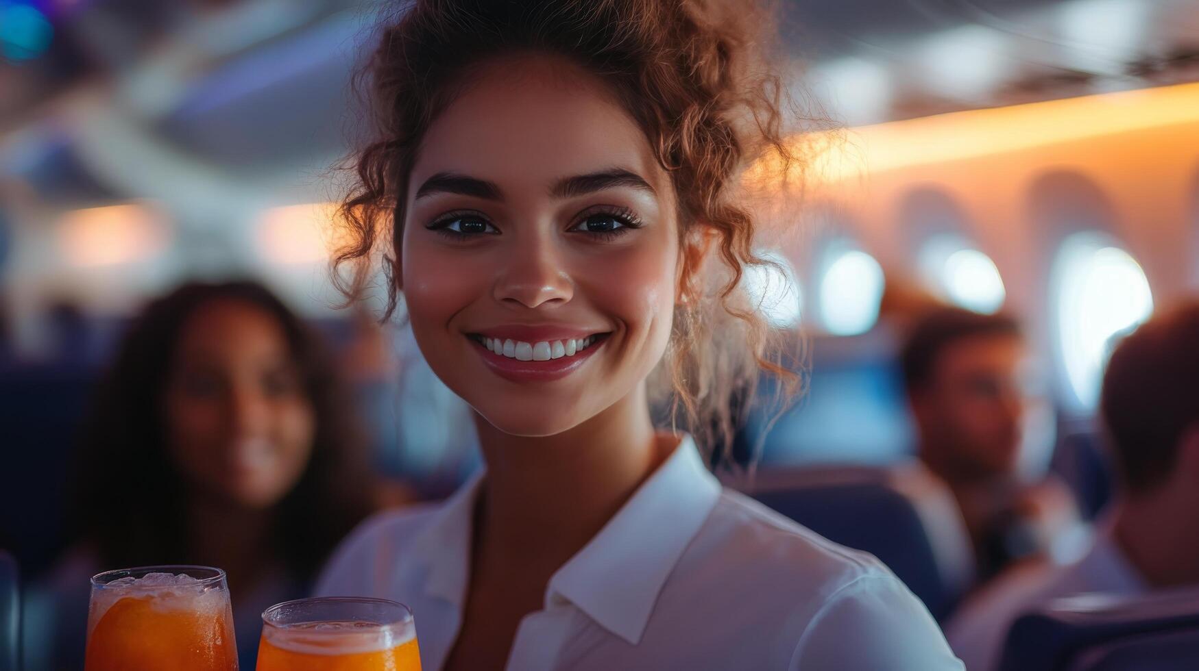 A woman smiling while holding a glass of orange juice photo