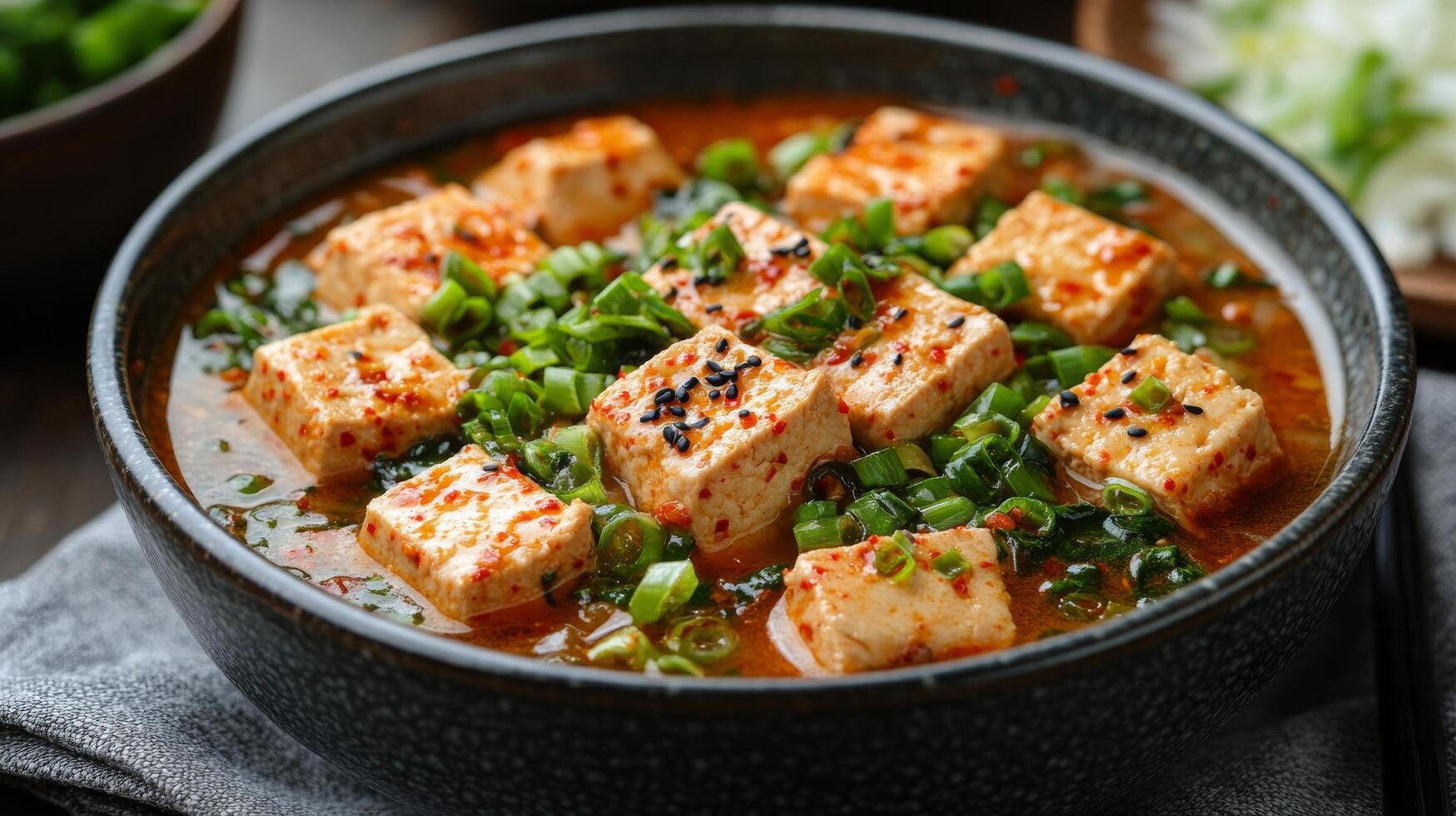 Korean tofu soup with sesame seeds and green onions photo