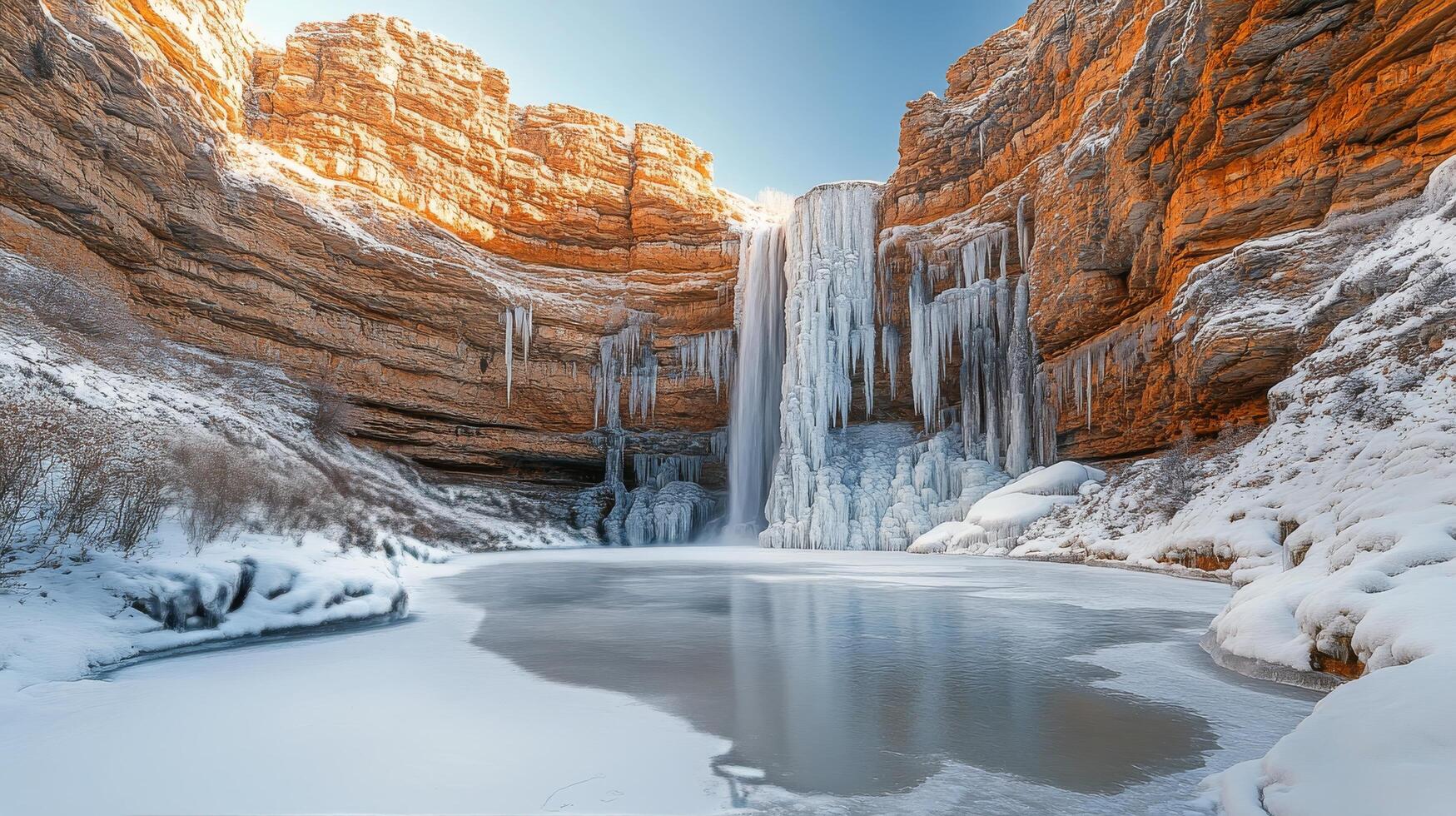 A frozen waterfall in the desert with snow on the ground photo