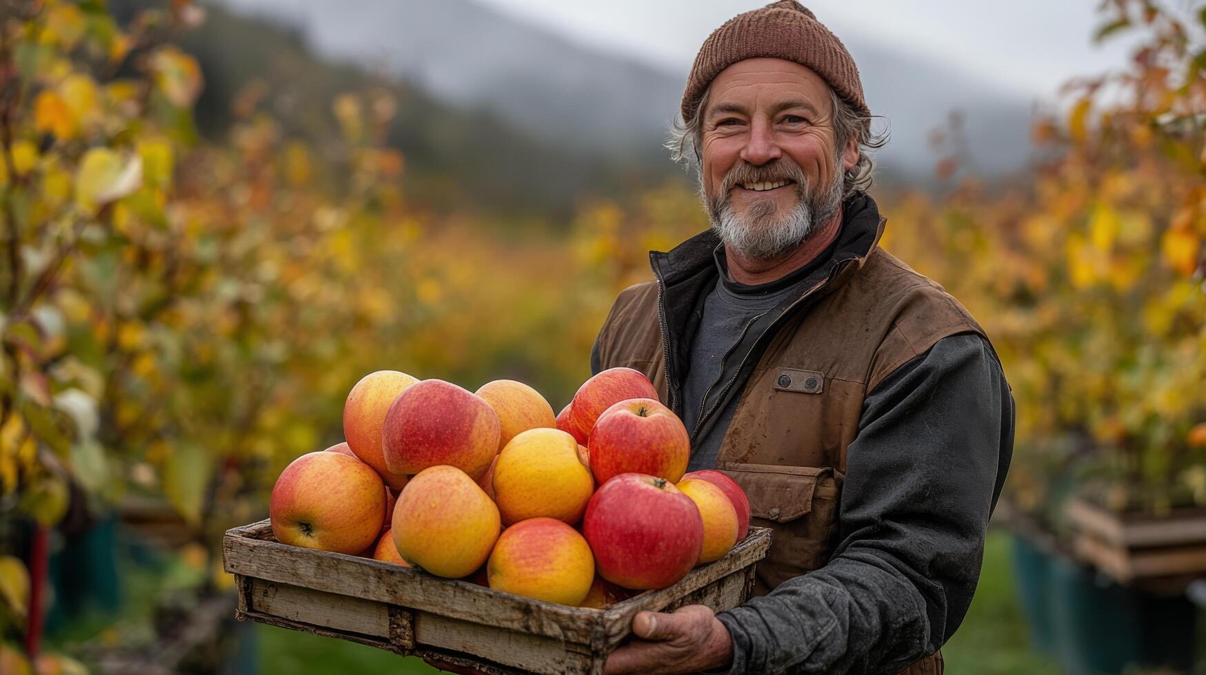 A smiling man holding a crate of apples photo