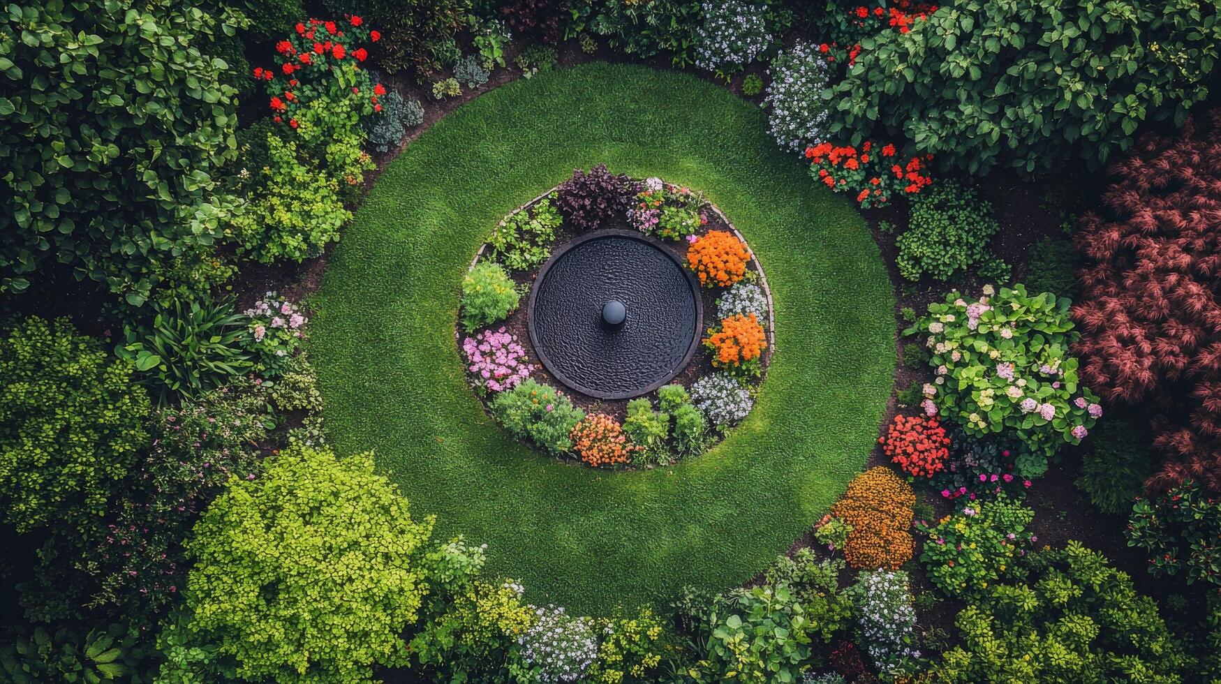 An aerial view of a circular garden with flowers photo