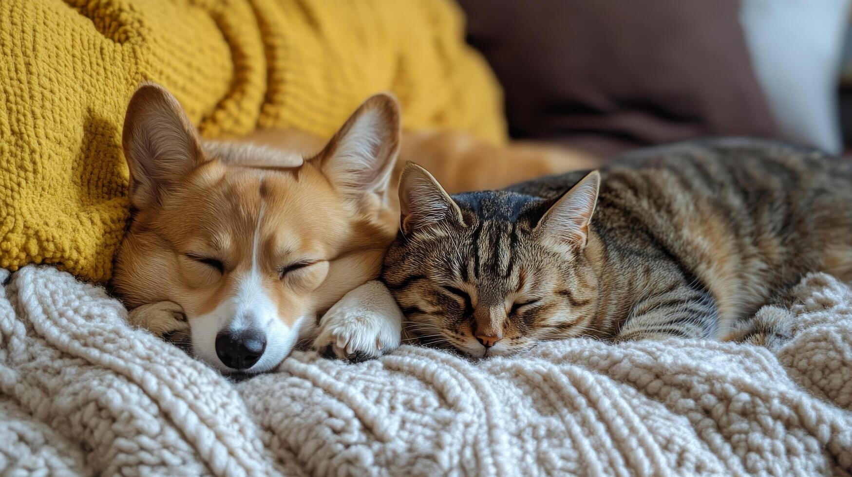 A dog and cat sleeping on a blanket photo