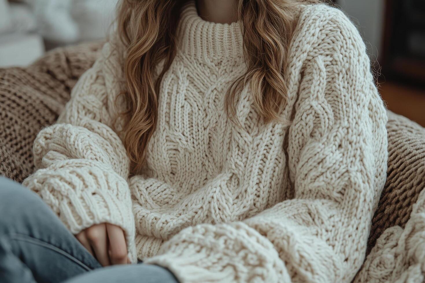 A woman wearing a white sweater sitting on a couch photo