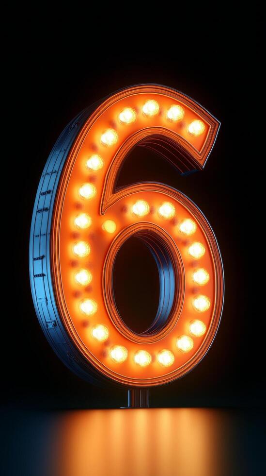 A glowing number six on a black background photo