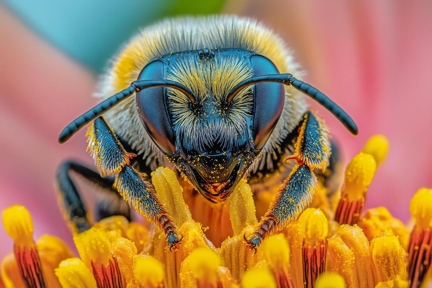 A close up of a bee on a flower photo