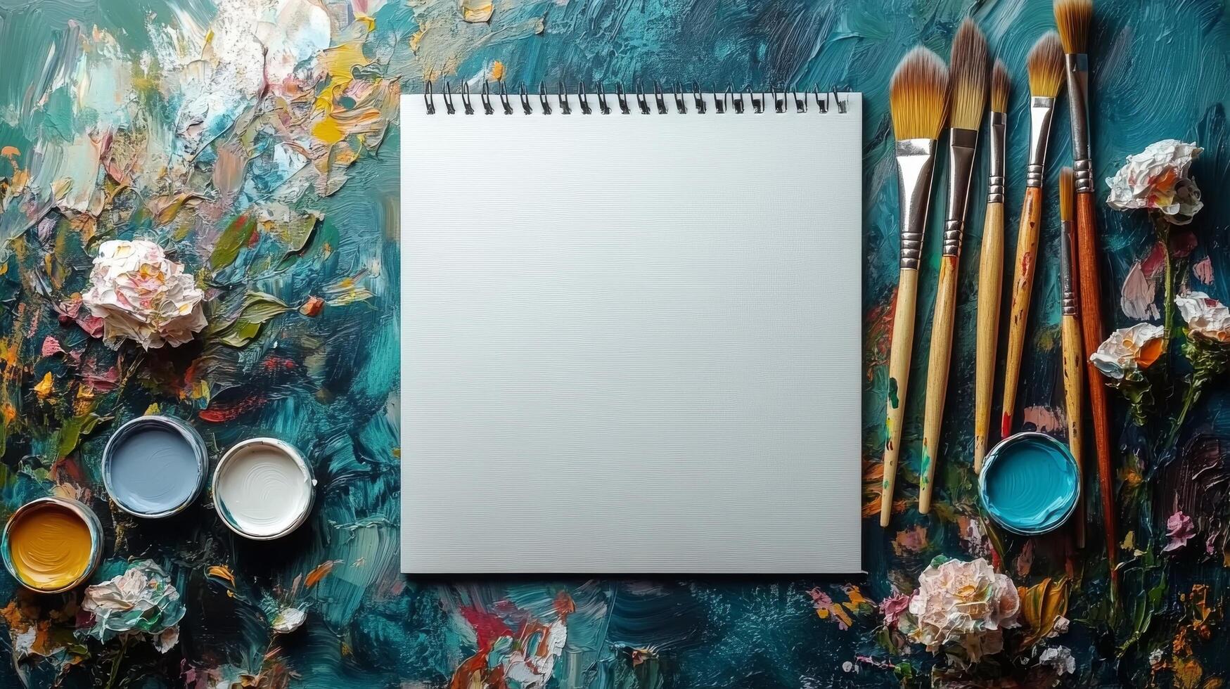 An open notebook with paint brushes and paint on a table photo