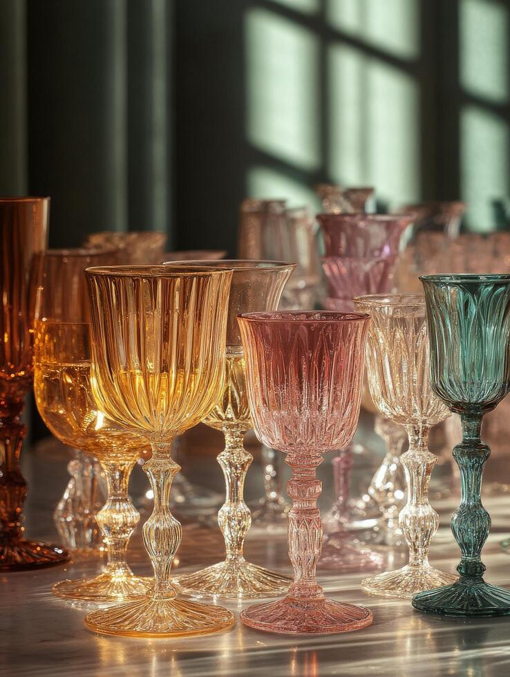 A table with many wine glasses and a few glasses of water photo