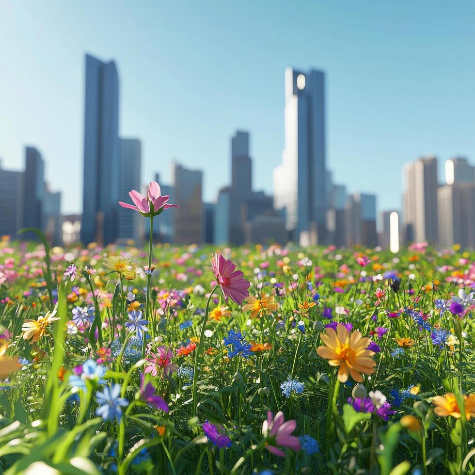 A field of flowers with a city skyline in the background photo