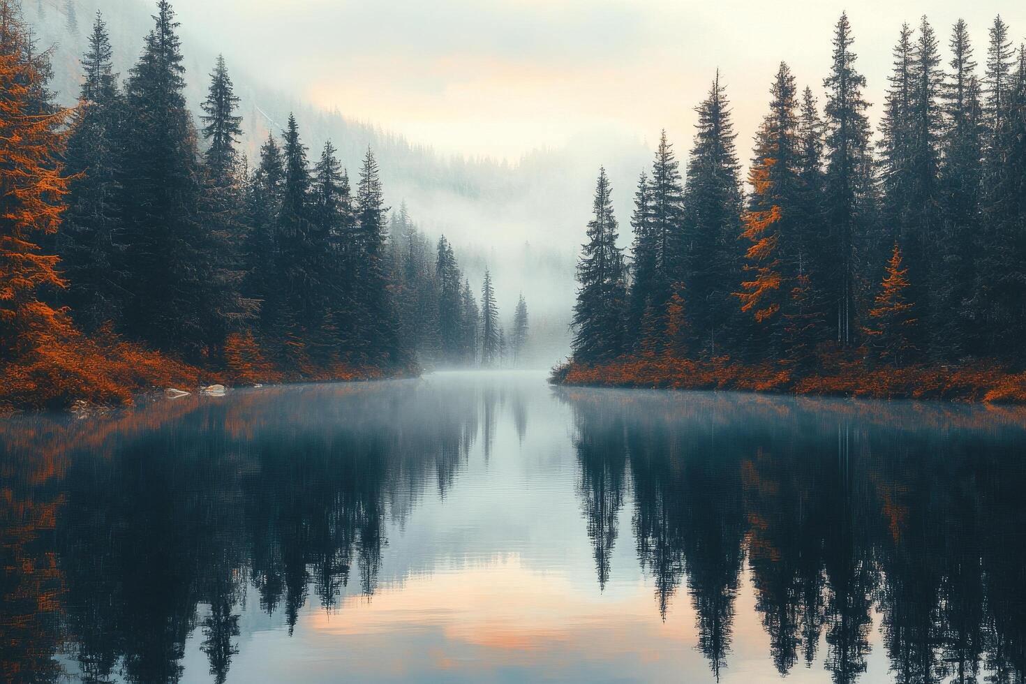 A lake surrounded by trees and fog photo