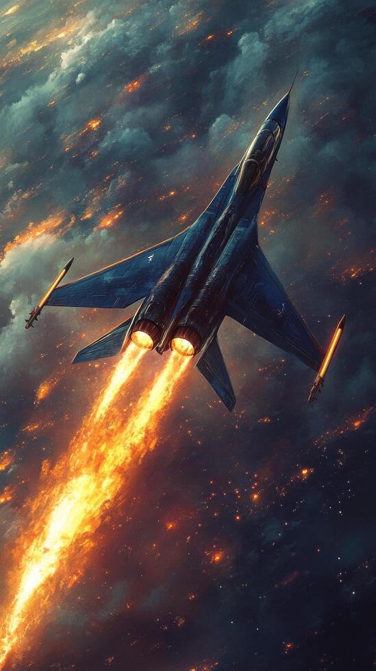 A fighter jet flying through the air with flames coming out of its tail photo