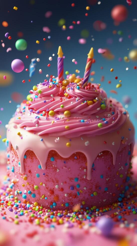 A pink birthday cake with candles and sprinkles photo