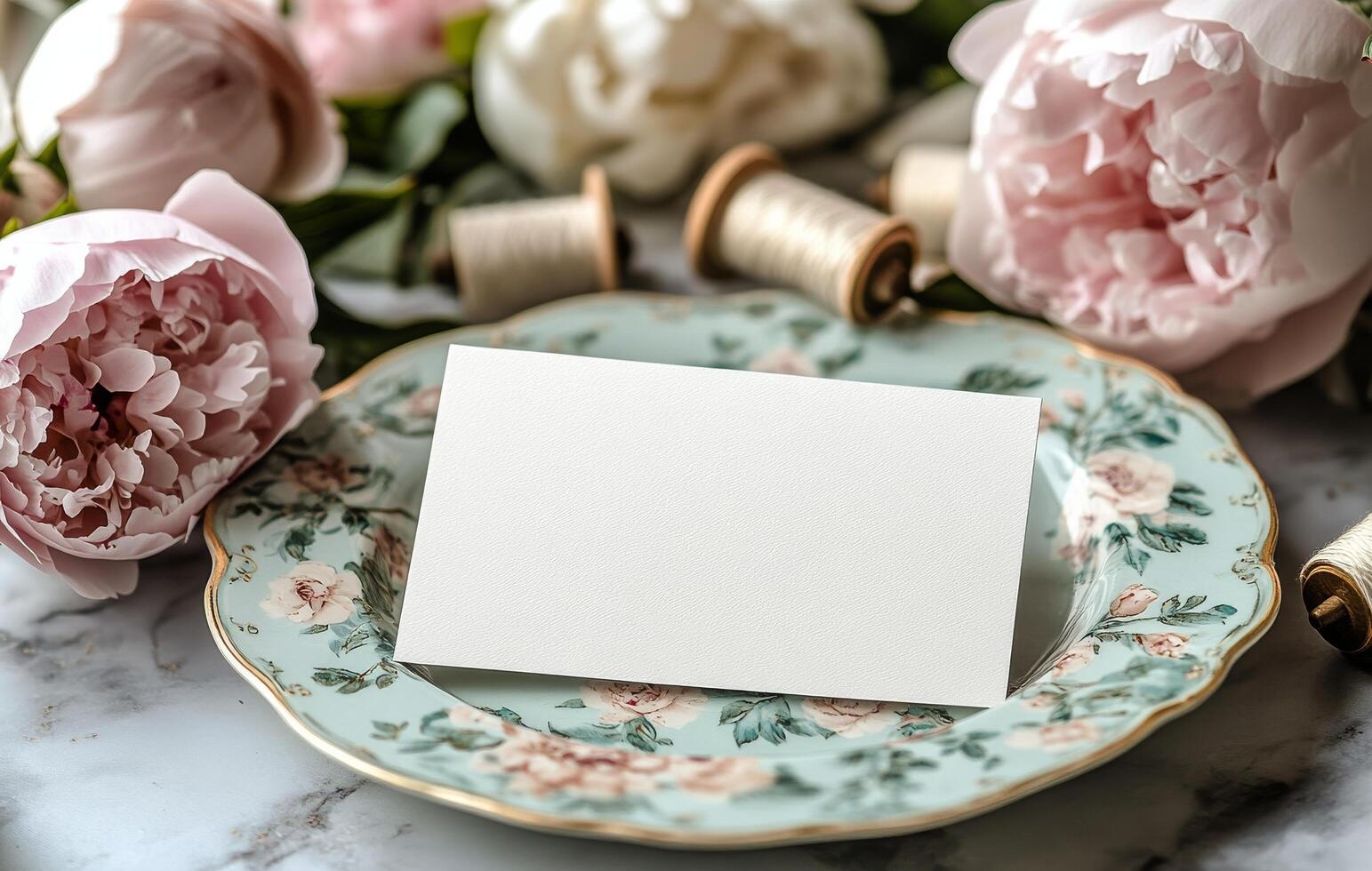 A blank card sits on a plate with pink peonies photo