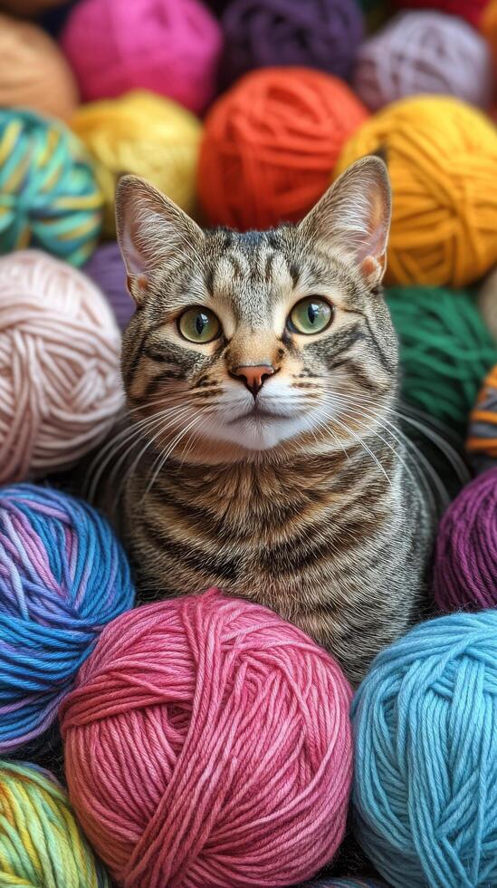 A cat surrounded by balls of yarn photo