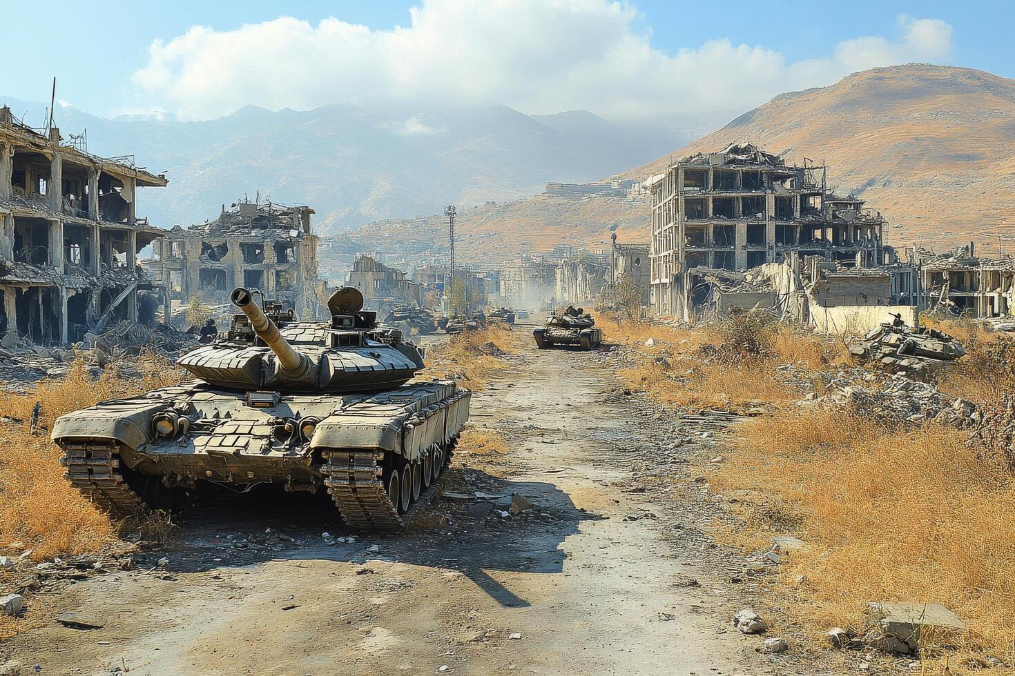 A tank is driving down a dirt road in front of a destroyed building photo