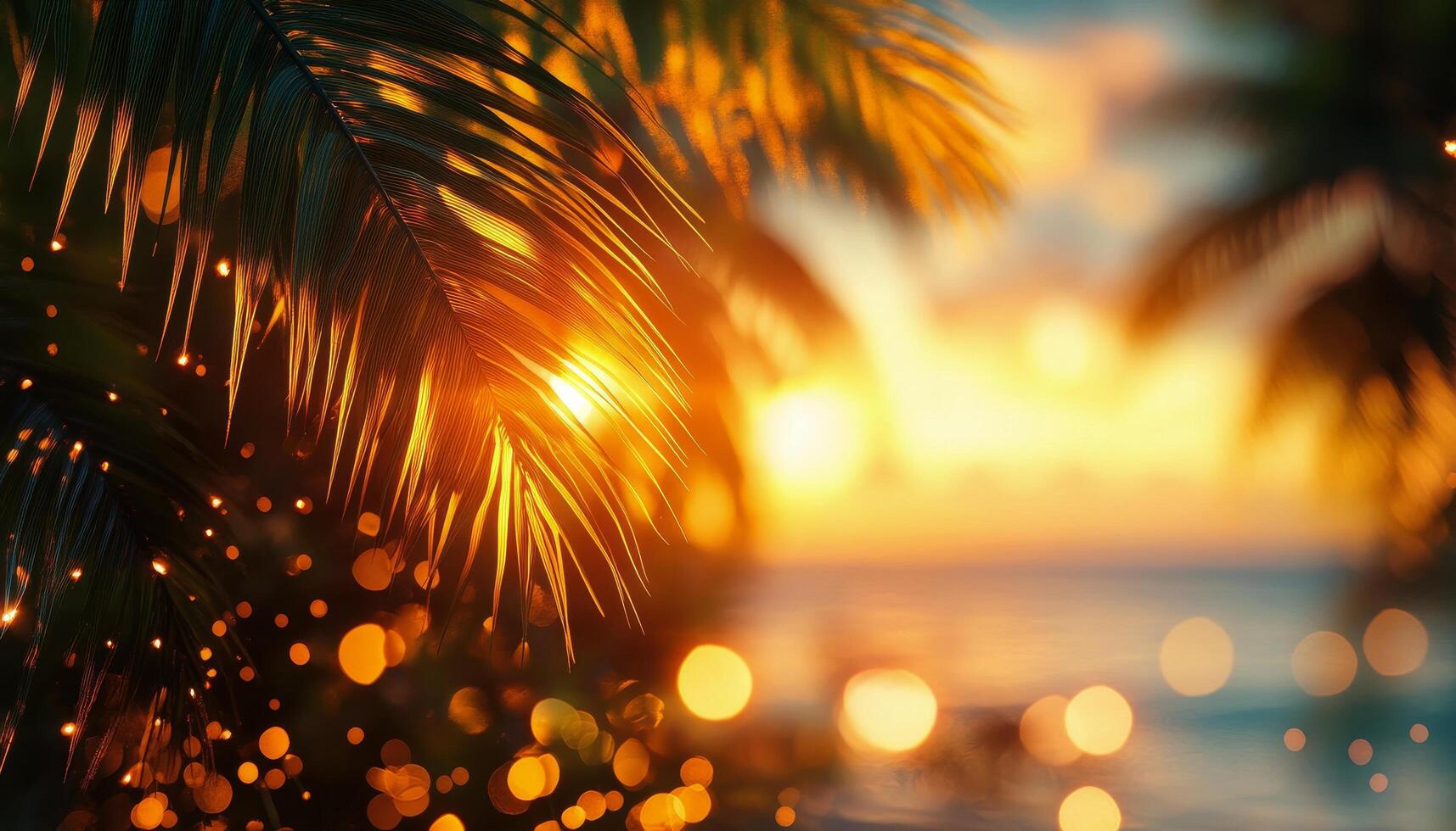 Tropical sunset with bokeh effect on palm trees photo