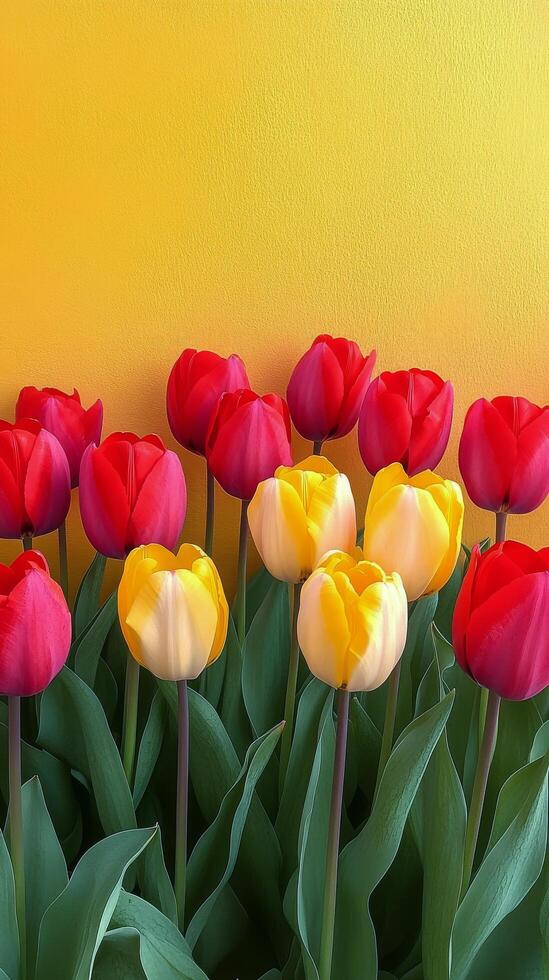 Red, yellow and white tulips on a yellow background photo