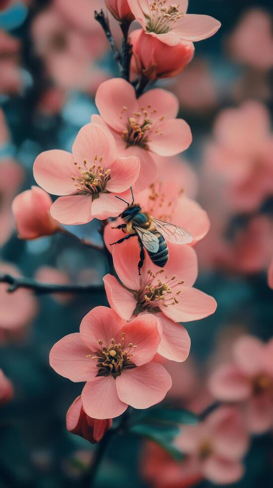 Bee on pink flowers in the spring photo