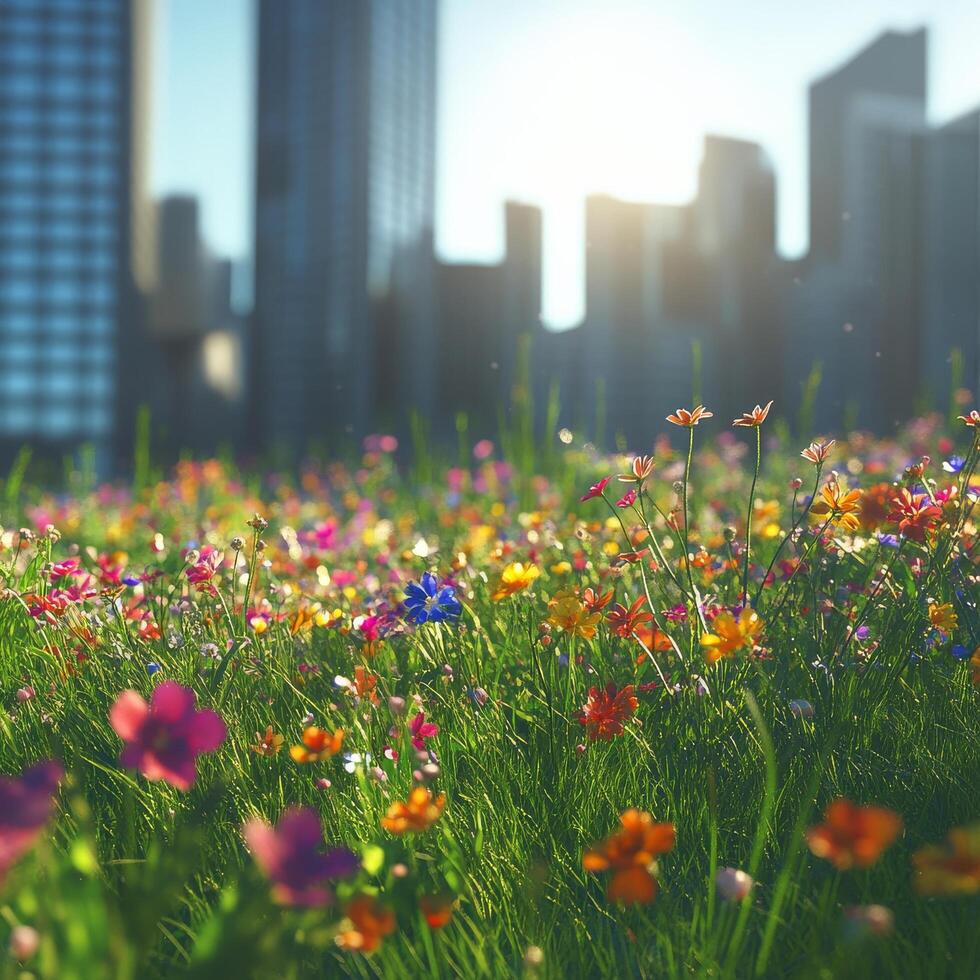 A field of flowers in front of a city skyline photo