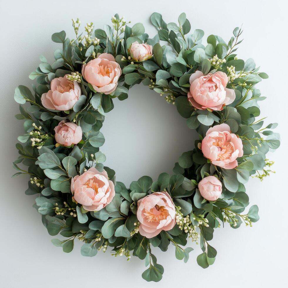Wreath with pink peonies and eucalyptus leaves on white background photo