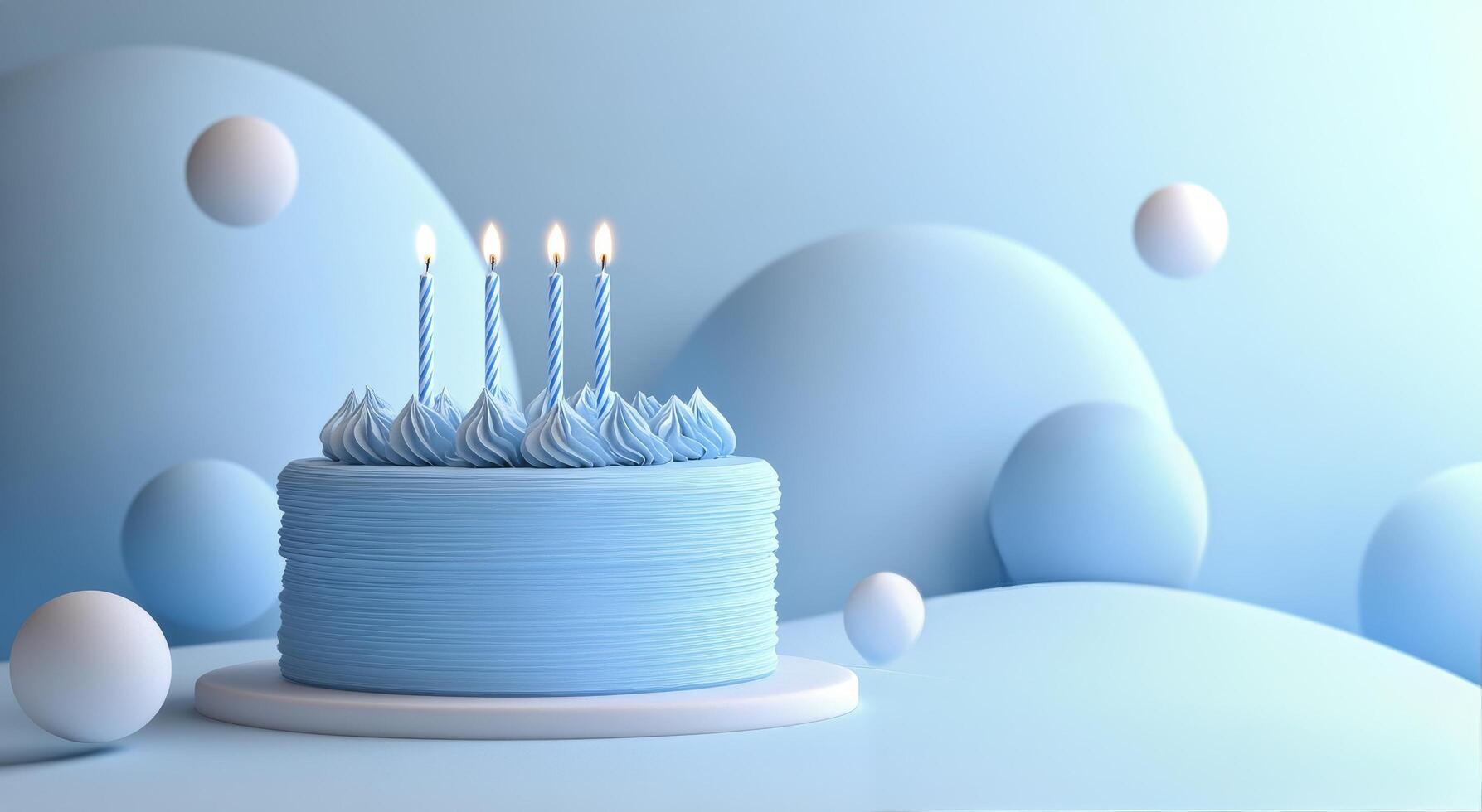 Blue birthday cake with candles on top of a blue background photo