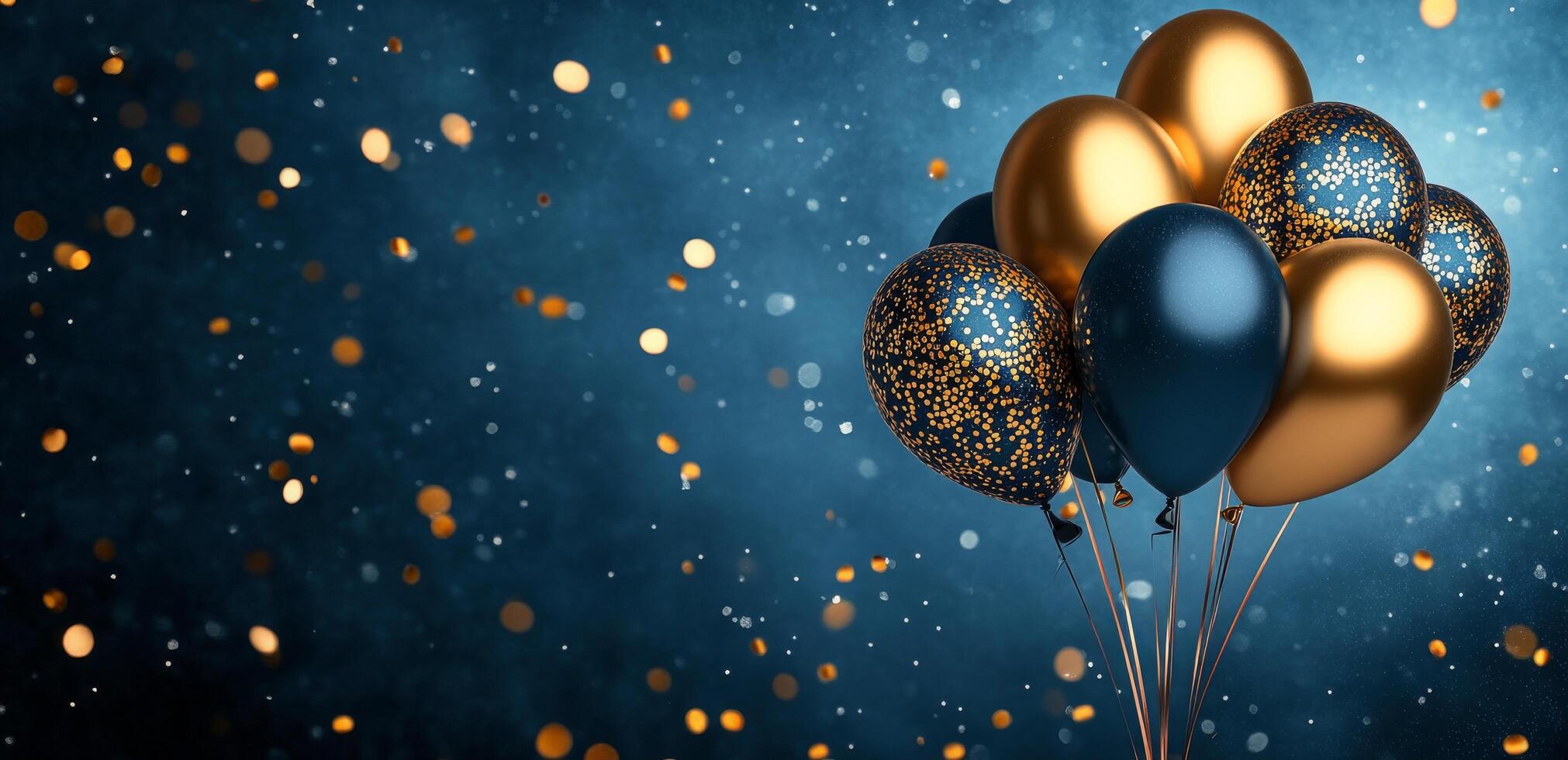 Gold and blue balloons on a blue background photo