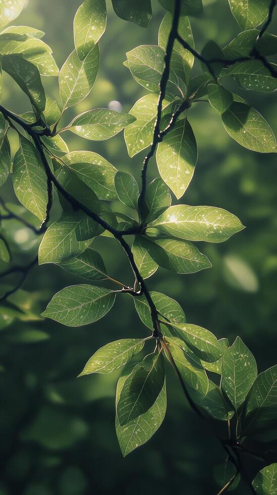 A close up of green leaves on a tree branch photo
