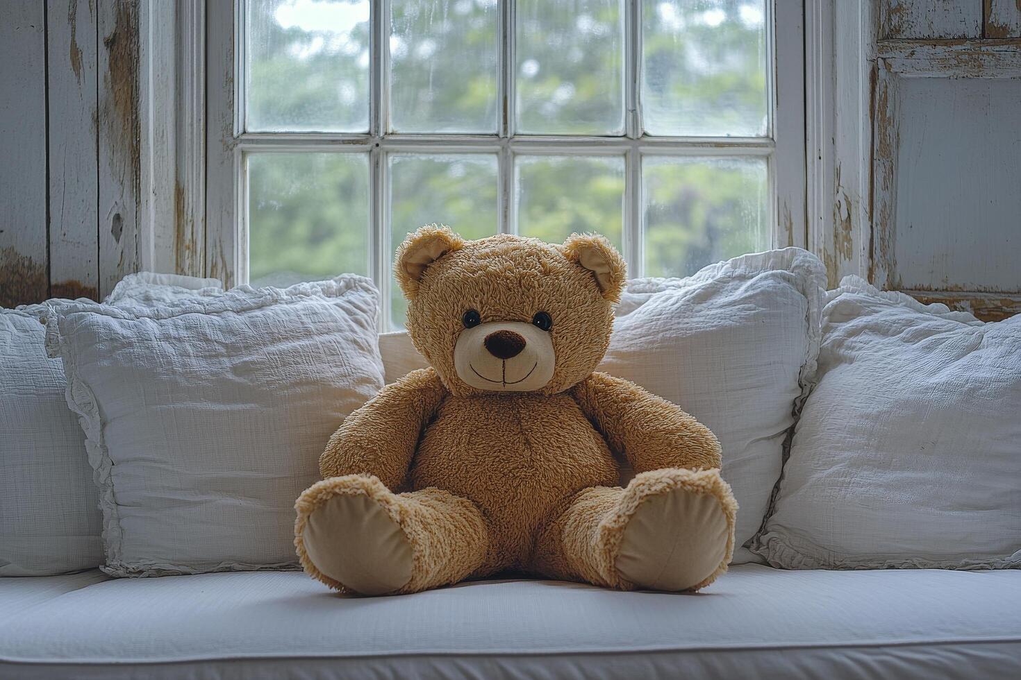 A teddy bear sitting on a couch photo