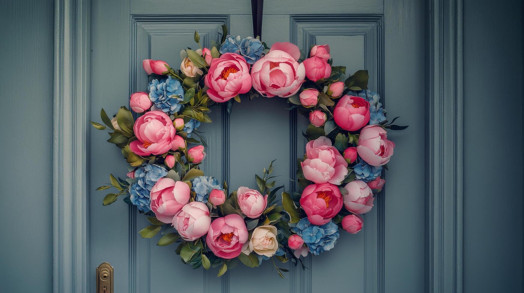 A wreath of pink and blue flowers on a door photo