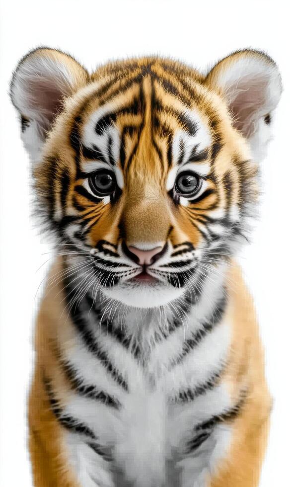 A tiger cub is standing in front of a white background photo