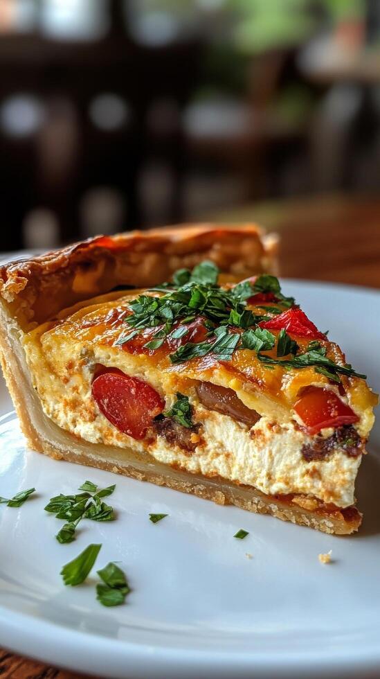 A slice of quiche on a white plate photo