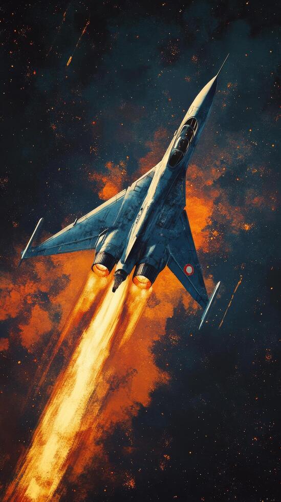 A fighter jet flying through the air with flames coming out of it photo