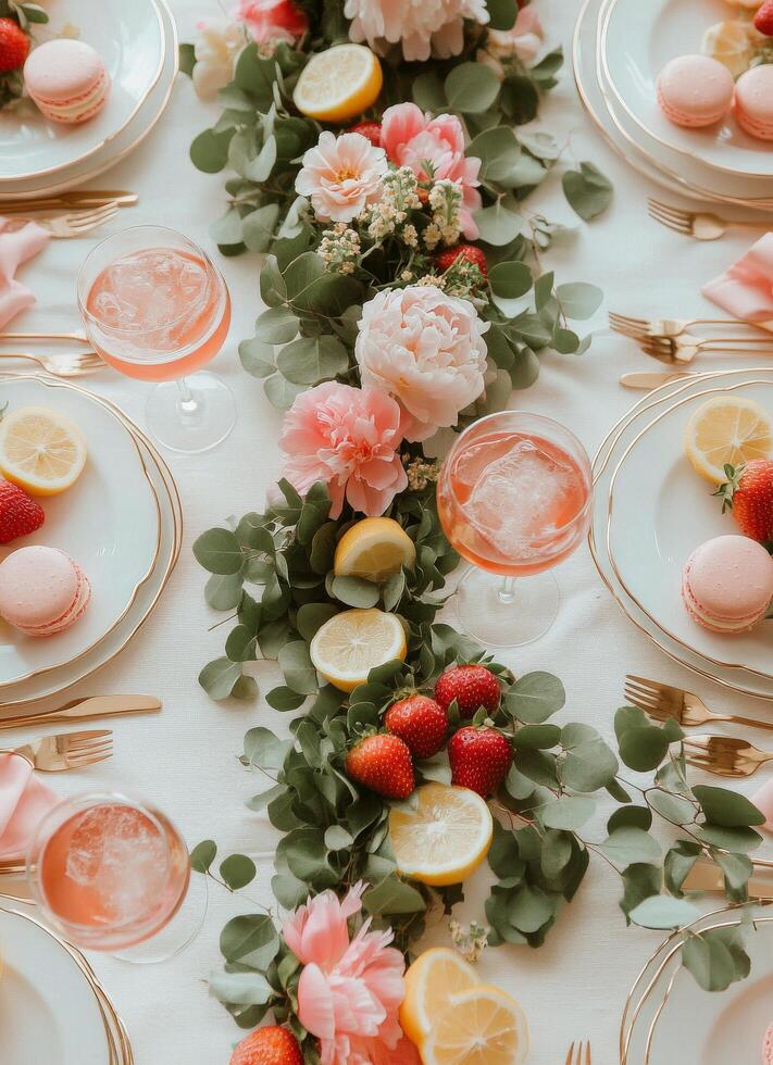 A table set with pink flowers and fruit photo
