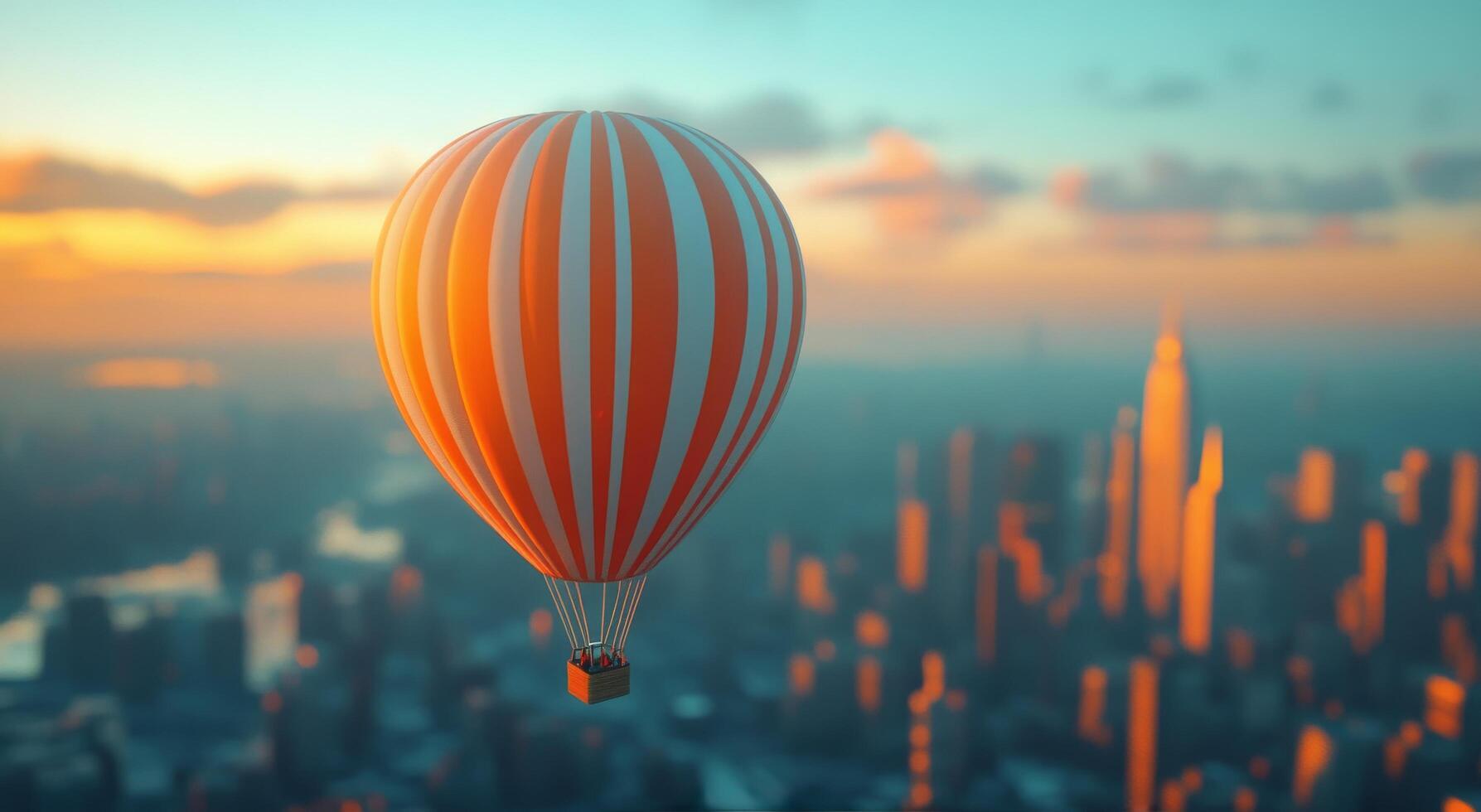 A hot air balloon flying over a city at sunset photo