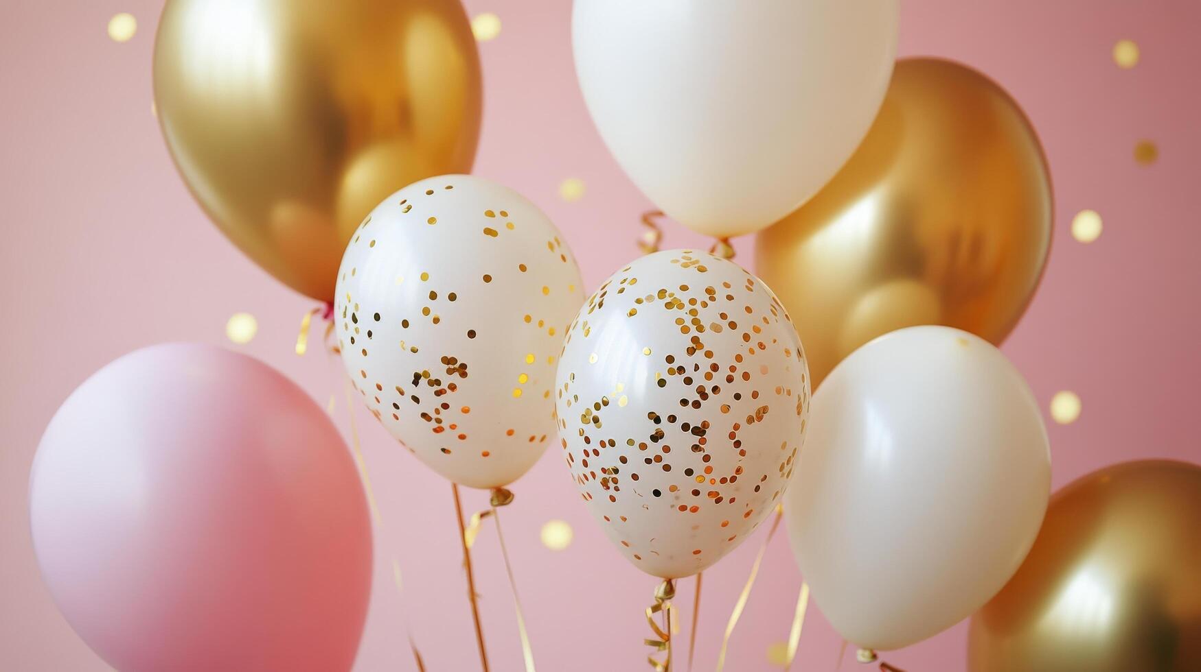 Gold and white balloons on a pink background photo