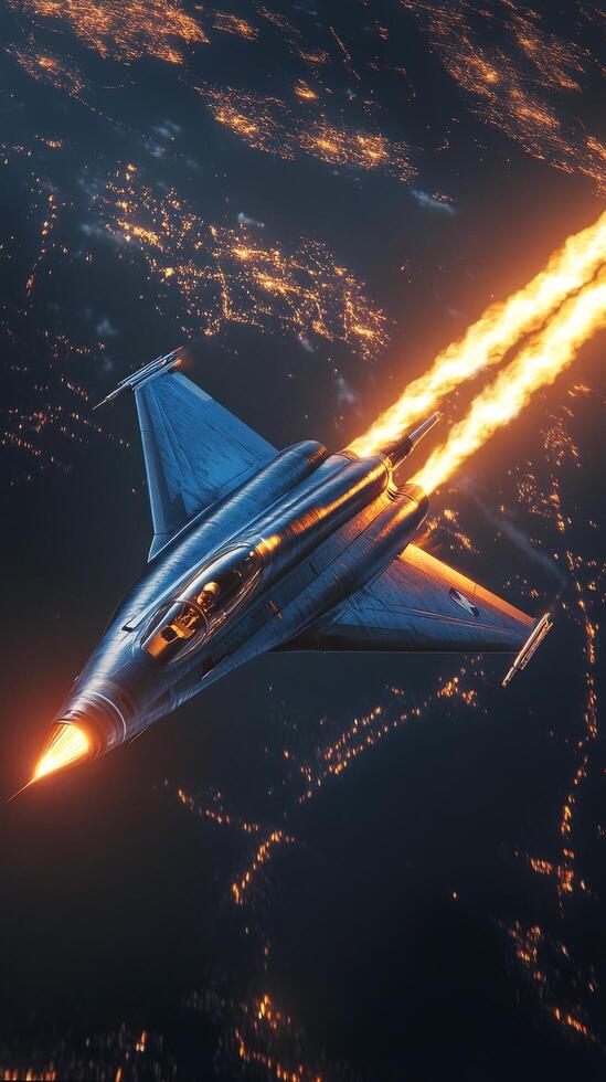 A fighter jet flying through the air with flames coming out of its tail photo