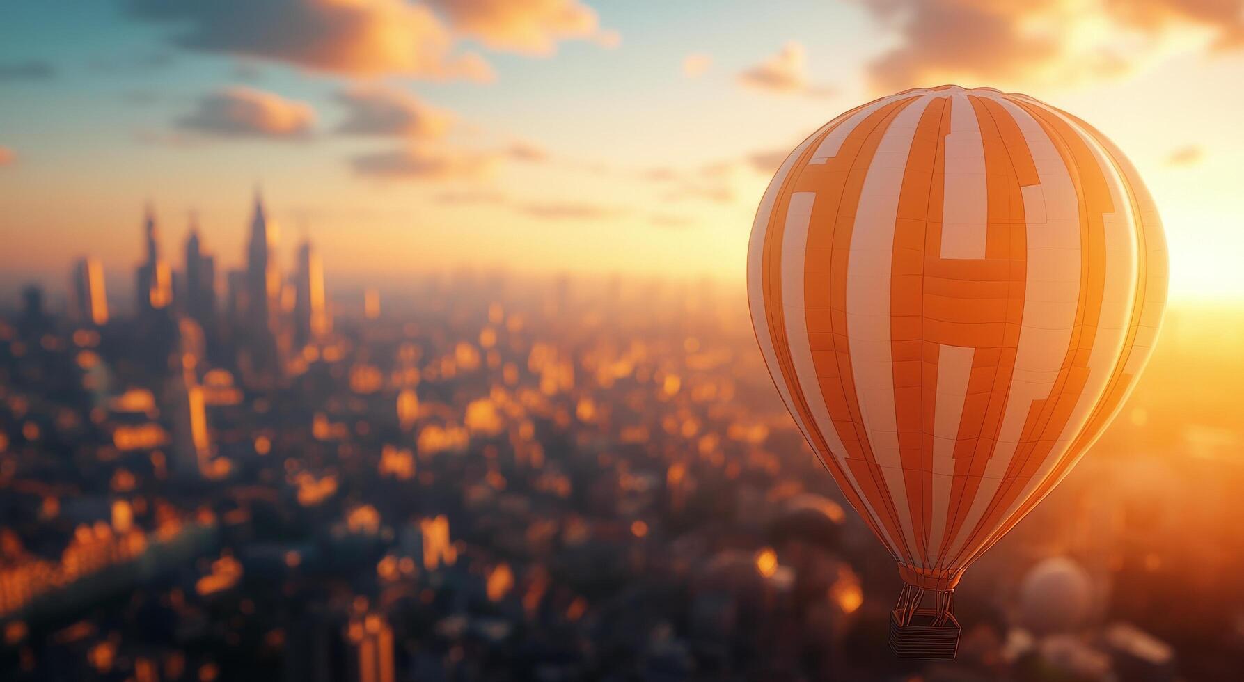 A hot air balloon flying over a city at sunset photo