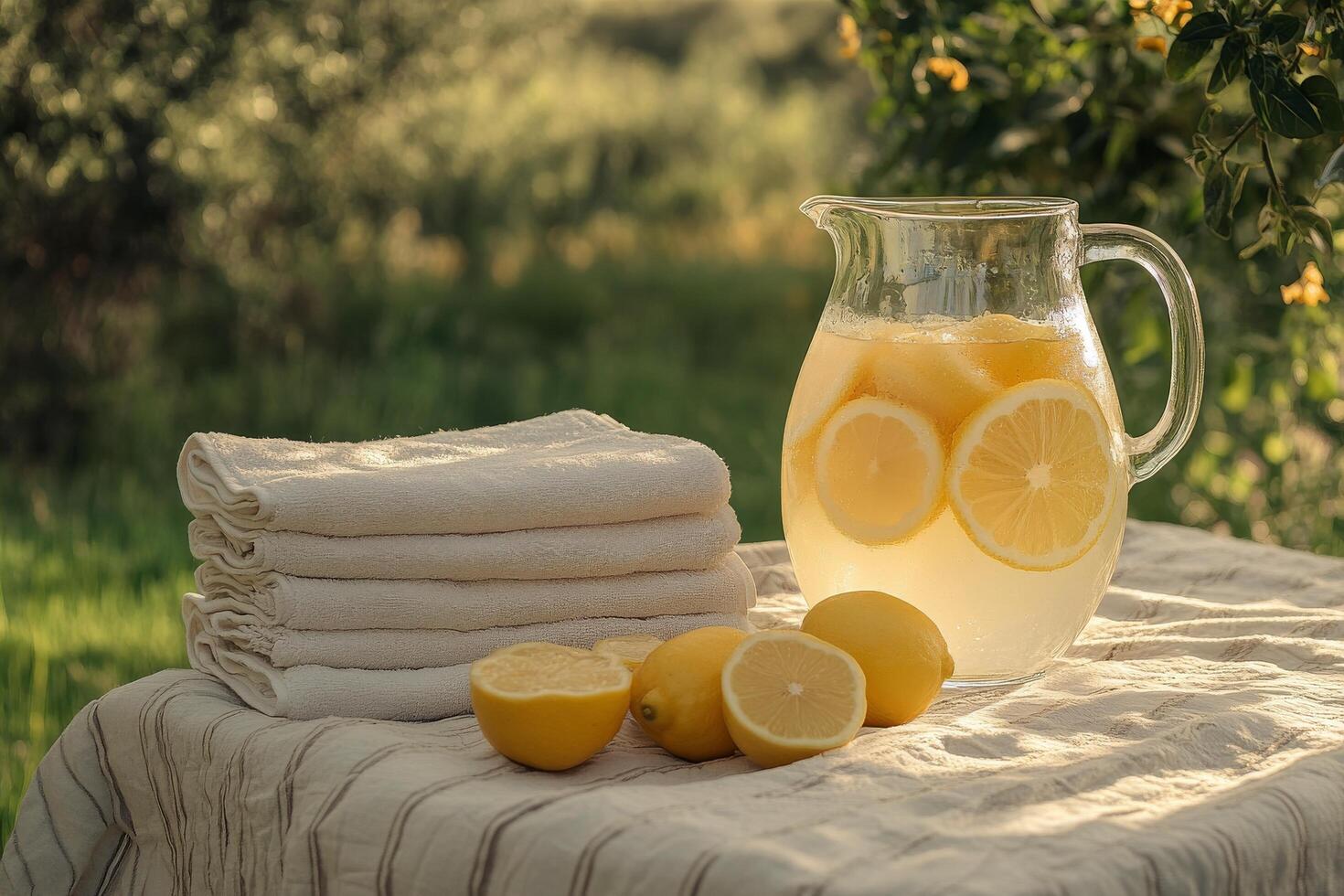 A pitcher of lemonade and towels on a table photo