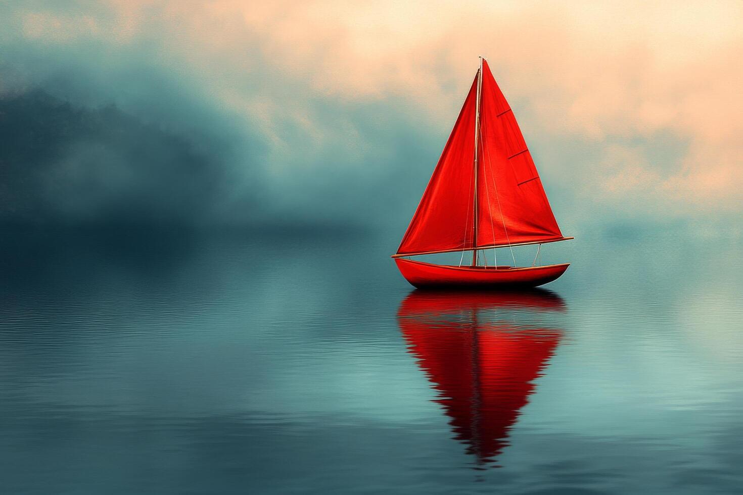A red sailboat floating on a calm lake photo