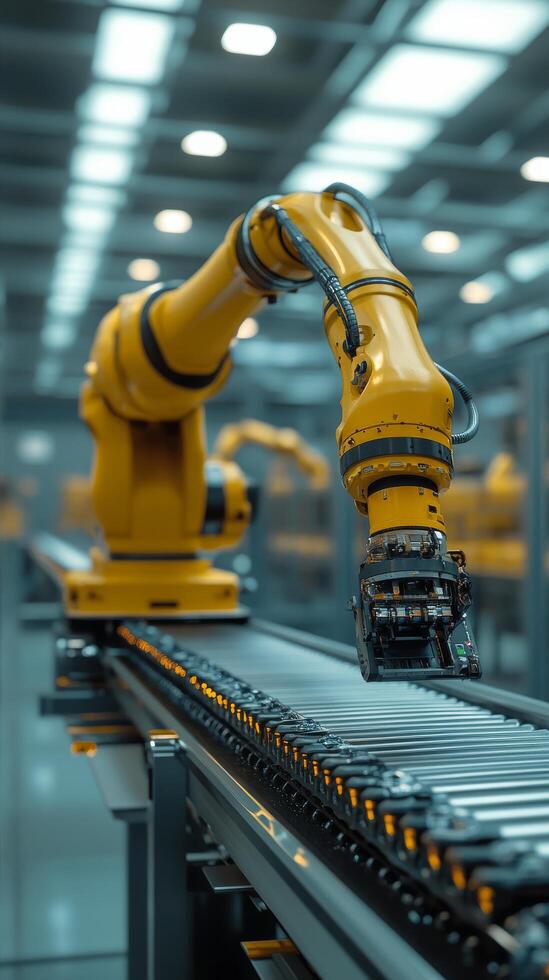 A robotic arm is moving on a conveyor belt photo